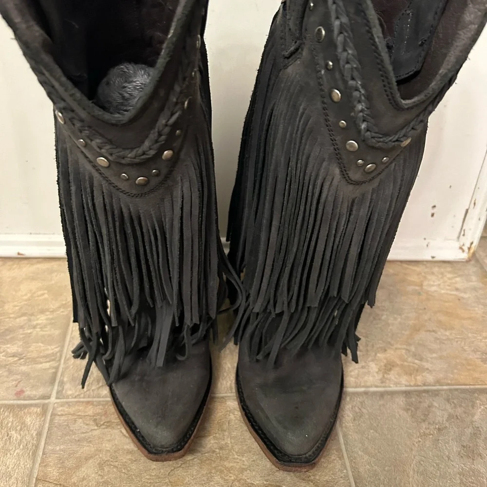 Made in Mexico, Black Fringe Leather, Cowgirl Boots - Picture 3 of 6